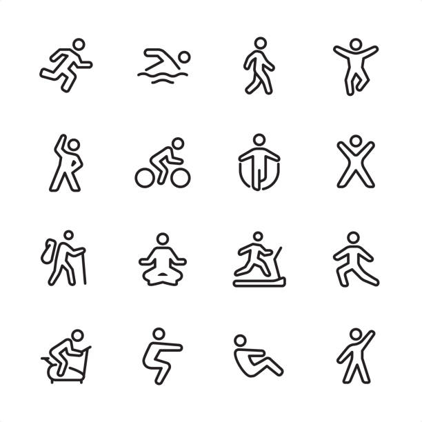 Sport and Fitness - outline icon set 16 line black on white icons / Sport and Fitness Set #100
Pixel Perfect Principle - all the icons are designed in 48x48pх square, outline stroke 2px.

First row of outline icons contains: 
Running, Swimming, Walking, Jumping;

Second row contains: 
Exercising, Cycling, Skipping, Gym;

Third row contains: 
Hiking, Yoga, Treadmill, Stretching; 

Fourth row contains: 
Exercise Bike, Squats, Sit-ups, Aerobics.

Complete Inlinico collection - https://www.istockphoto.com/collaboration/boards/2MS6Qck-_UuiVTh288h3fQ walking icons stock illustrations