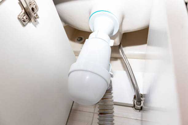 istock Hydraulic siphon pipes and water drain under the washing basin, bowl in bathroom 1148285321