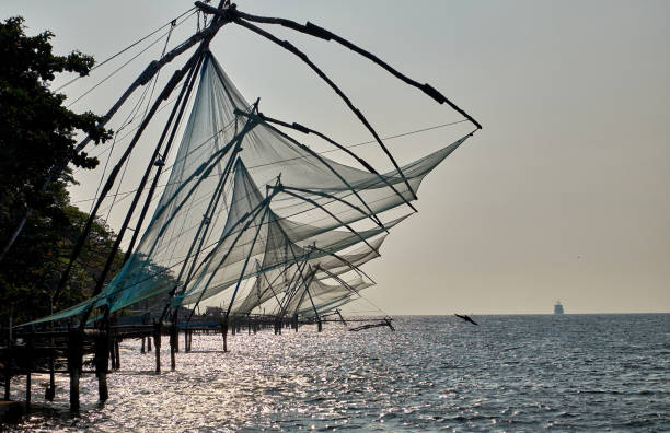 Fishing Village, Cochin India Cochin (Kochi) is a city in southwest India's coastal Kerala state. It has been a port since 1341. Images of Boats, fishermen, & fishing nets. Cantilevered Chinese fishing nets, typical of Cochin, have been in use for centuries. cochin kerala india chinese fishing net stock pictures, royalty-free photos & images
