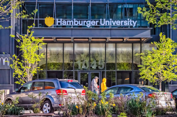 Front entrance to Hamburger University McDonald's Headquarters. Streets of Chicago. stock photo