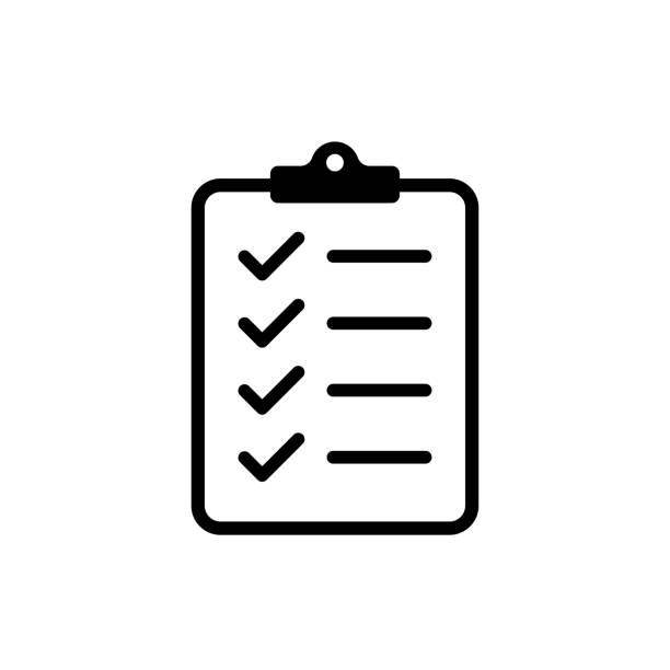 ilustrações, clipart, desenhos animados e ícones de lista de verificação da prancheta do ícone ou original com checkmarck com texto no estilo liso. - planejamento