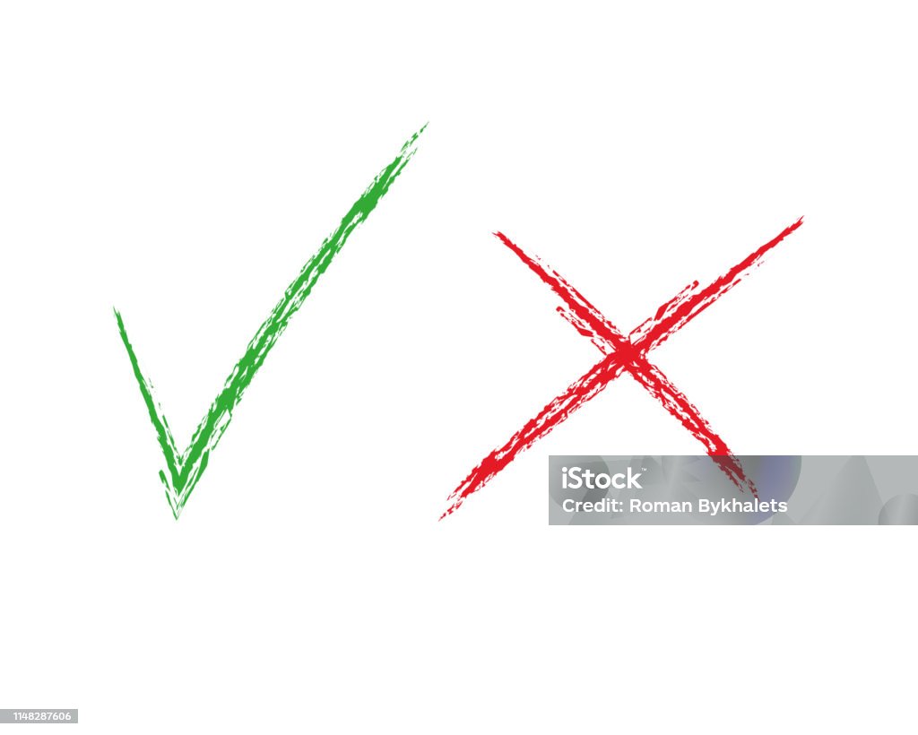 Set of green check mark and red cross isolated symbols on white background. Signs of choise. Set of green check mark and red cross isolated symbols on white background. Signs of choise. EPS 10 Letter X stock vector