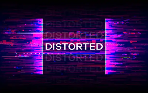 Vector illustration of Distorted glitch banner. Dynamic distortion with purple elements. Futuristic poster. Future design template. Color wave on dark background. Colorful horizontal lines. Vector illustration