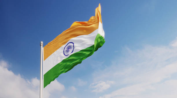istock Indian Flag Waving With Wind Over Blue Sky 1148293995