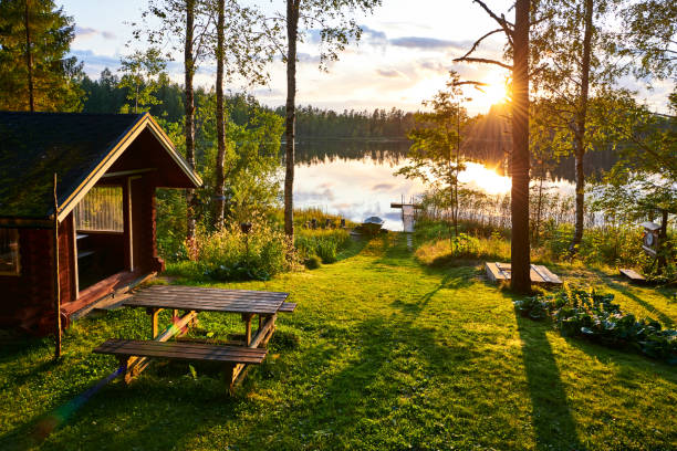zomervakantie in finland - huisje stockfoto's en -beelden