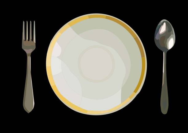 ilustrações, clipart, desenhos animados e ícones de forquilha, placa e colher que servem o jogo, arte realística do vetor isolada no preto - eating utensil plate black background empty