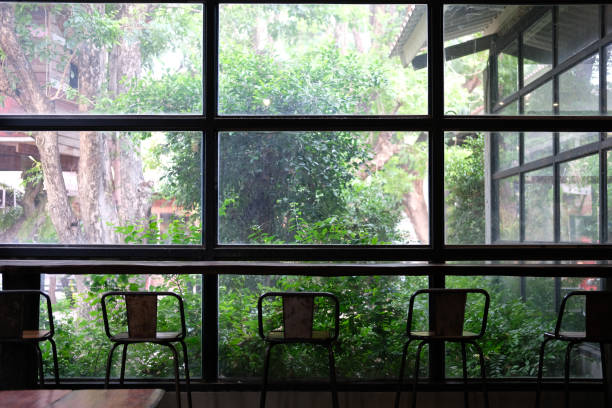 stool in cafe coffee shop restaurant near garden window