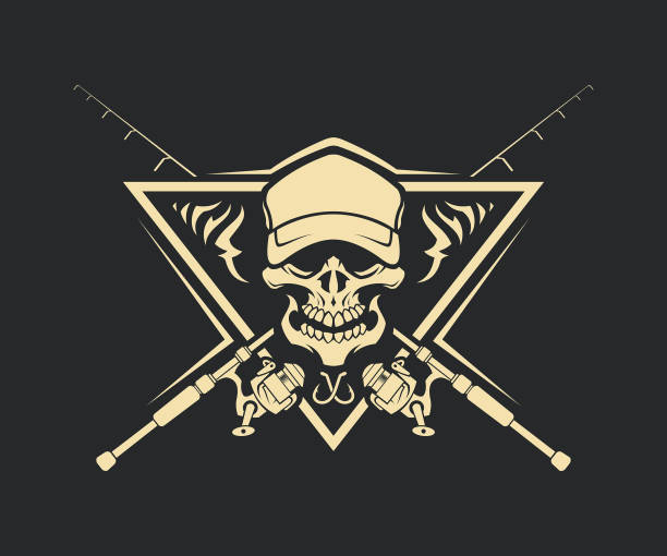 Skull silhouette in cap with crossed fishing rods and hooks on background - stylized cut out vector emblem