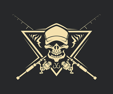 Skull silhouette in cap with crossed fishing rods and hooks on background - stylized cut out vector emblem