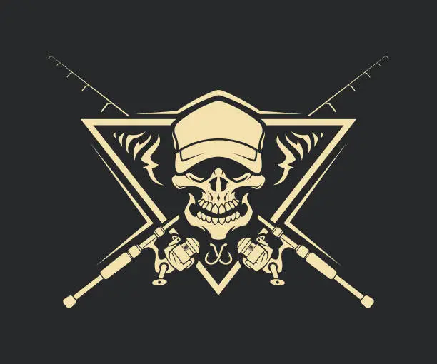 Vector illustration of Skull silhouette in cap with crossed fishing rods and hooks on background - cut out vector emblem