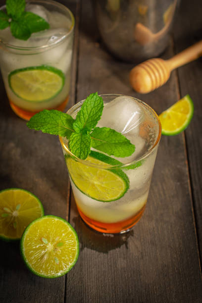 istock Fresh Ice Honey Lemon soda drink on the wood table there are same object,  lemon slice, cocktail shaker and wooden honey dipper placed around. 1148323679