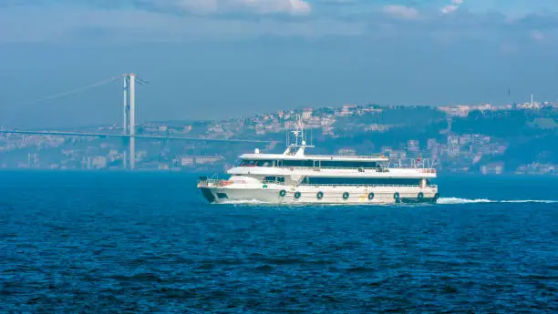 Photo of Beautiful View touristic landmarks from sea voyage on Bosphorus. Cityscape of Istanbul at sunset