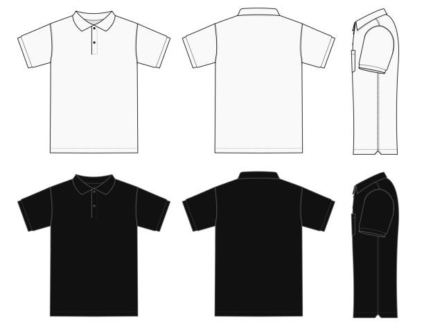 ilustraciones, imágenes clip art, dibujos animados e iconos de stock de sin camisa de polo de bolsillo (camisa de golf) conjunto de ilustración de plantilla (delantero/reverso/lado)/blanco & negro - polo shirt