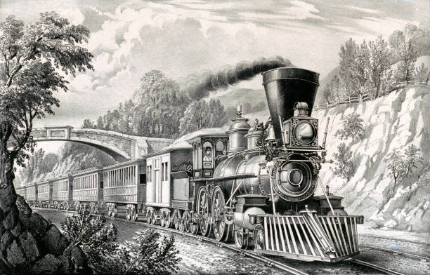 Express Train Vintage illustration shows a train passing under a bridge as it travels through the countryside with smoke rising into the sky from the chimney of the engine car. the past illustrations stock illustrations