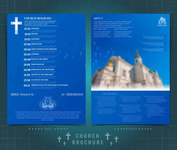 Vector illustration of Religion two sided brochure or flyer template design with church building blurred photo and church calendar. Mock-up cover in blue vector modern style