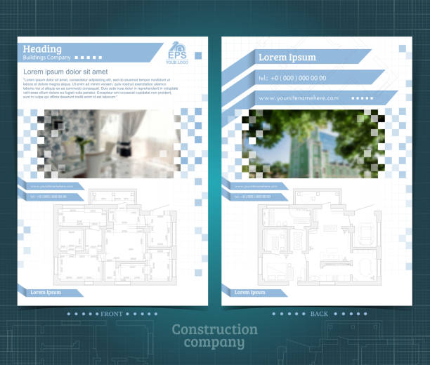 istock Two sided brochure or flyer template design with interior and exterior blurred photo elements. Mock-up cover in blue vector modern style 1148340854
