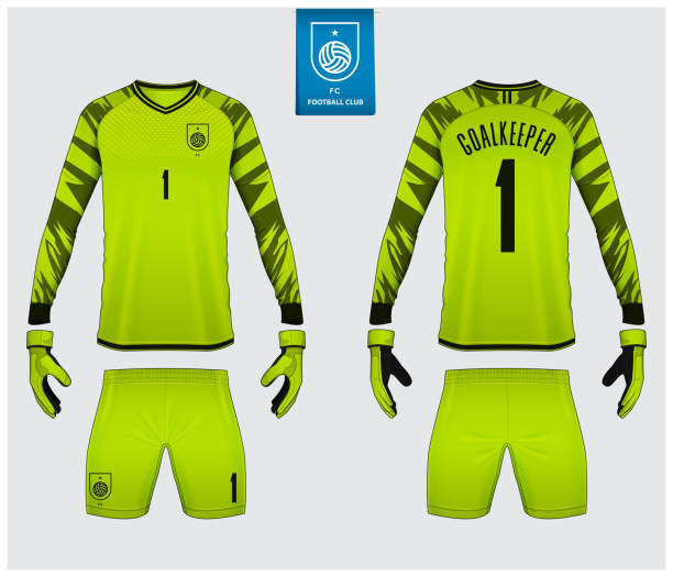 ilustrações de stock, clip art, desenhos animados e ícones de goalkeeper jersey or soccer kit mockup. goalkeeper glove and long sleeve jersey  template design. sport t-shirt mock up. front and back view soccer uniform. flat football logo label. vector - soccer glove