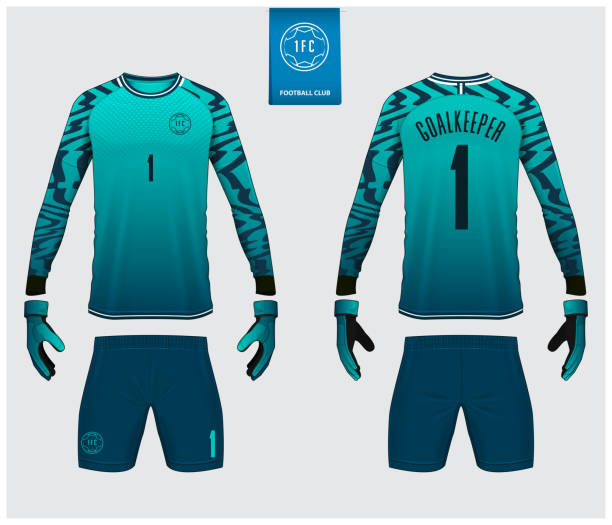 Goalkeeper jersey or soccer kit mockup. Goalkeeper glove and long sleeve jersey  template design. Sport t-shirt mock up. Front and back view soccer uniform. Flat football logo label. Vector Goalkeeper jersey or soccer kit mockup. Goalkeeper glove and long sleeve jersey  template design. Sport t-shirt mock up. Front and back view soccer uniform. Flat football logo label. Vector Illustration. long sleeved stock illustrations