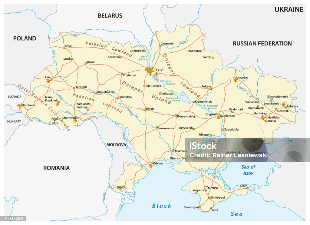 Detaillierte farbige Vektor-Straßenkarte der Ukraine - Lizenzfrei Ukraine Vektorgrafik