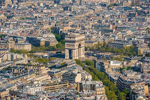 Paris, France - August 28, 2016: Aerial view over Paris from Eiffel Tower, sunny day in summer, Louvre