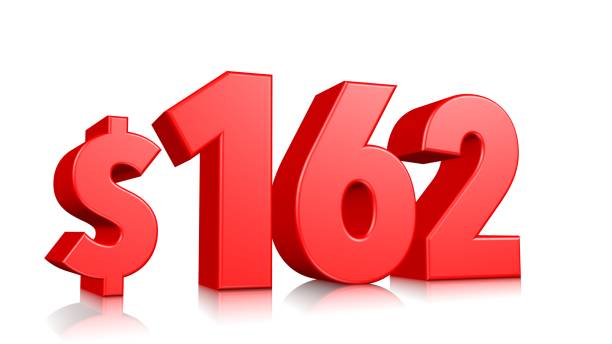 istock 162$ One hundred sixty two price symbol. red text number 3d render with dollar sign on white background 1148348335
