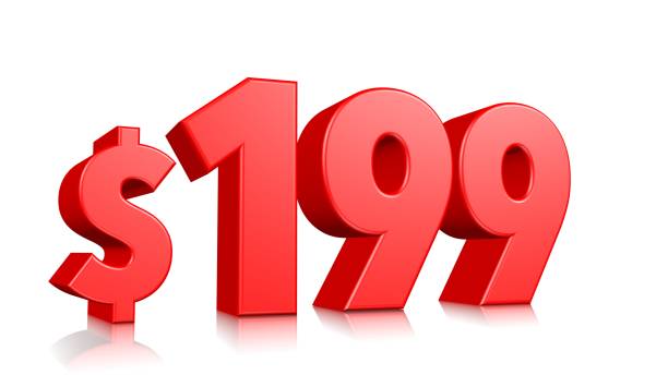 istock 199$ One hundred ninety nine price symbol. red text number 3d render with dollar sign on white background 1148348363