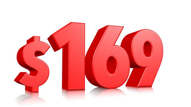 istock 169$ One hundred sixty nine price symbol. red text number 3d render with dollar sign on white background 1148348368