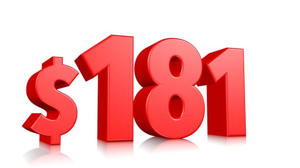 istock 181$ One hundred eighty one price symbol. red text number 3d render with dollar sign on white background 1148348387