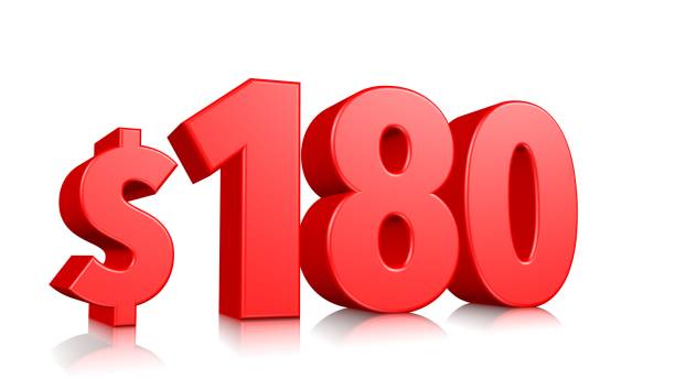 istock 180$ One hundred eighty price symbol. red text number 3d render with dollar sign on white background 1148348389