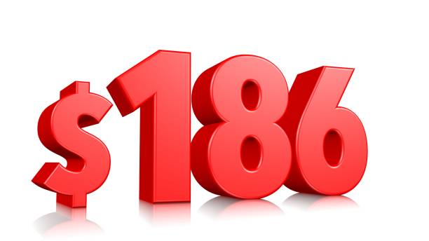 istock 186$ One hundred eighty six price symbol. red text number 3d render with dollar sign on white background 1148348393