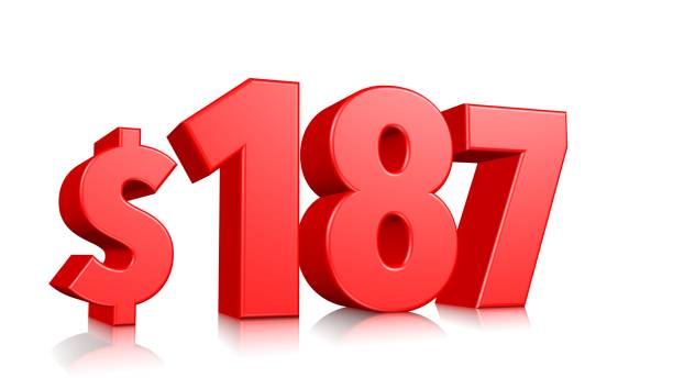 istock 187$ One hundred eighty seven price symbol. red text number 3d render with dollar sign on white background 1148348394