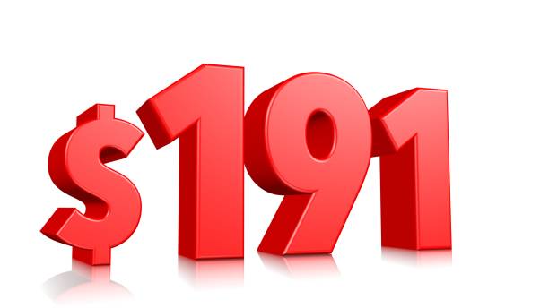 istock 191$ One hundred and ninety one price symbol. red text number 3d render with dollar sign on white background 1148348399