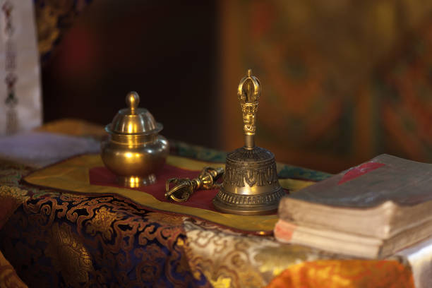 Ritual hand bell and dorje in the Buddhist temple as the enlightenment symbol.