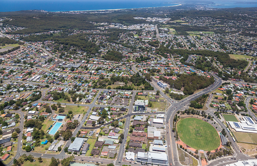 Aerial view of Charlestown and surrounding suburbs in Newcastle NSW Australia. Residential area south of Newcastle City.