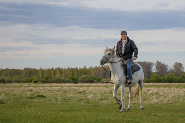 istock A fermer on a white horse in the field 1148355388