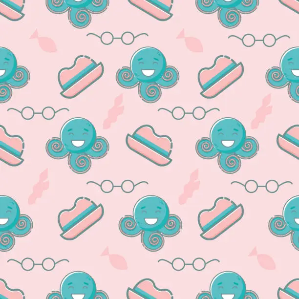 Vector illustration of Seamless pattern with octopuses, glasses, hats in flat linear style.