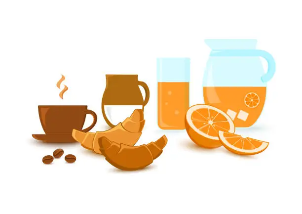 Vector illustration of Breakfast set - cup with coffee, milk, croissants, orange juice and citrus fruit. Vector