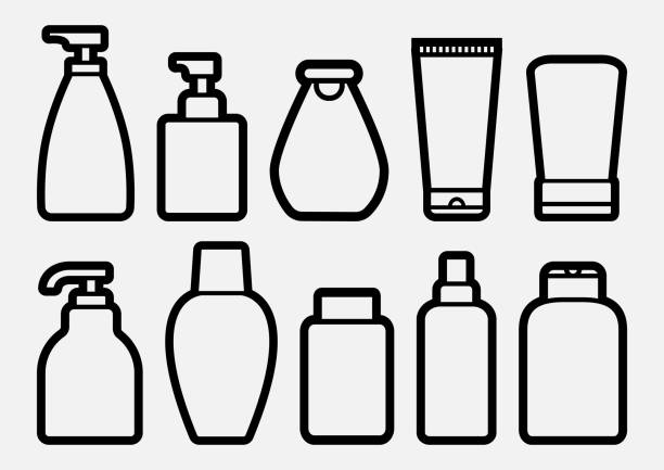 ilustrações de stock, clip art, desenhos animados e ícones de set of cosmetic bottle icons, outline design. vector - spray tan body human skin