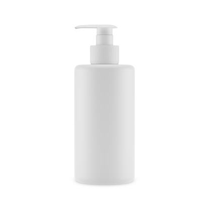 Plastic matte bottle for liquid soap and cream with a pump, front view. Isolated on white background, 3D illustration.