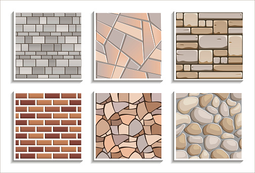 Set of seamless stone textures. Vector repeated patterns of brick, stone, rock materials