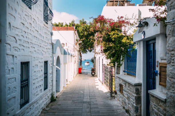 Street Leading out to Sea in Seaside Town Street Leading out to Sea in Seaside Town bodrum stock pictures, royalty-free photos & images