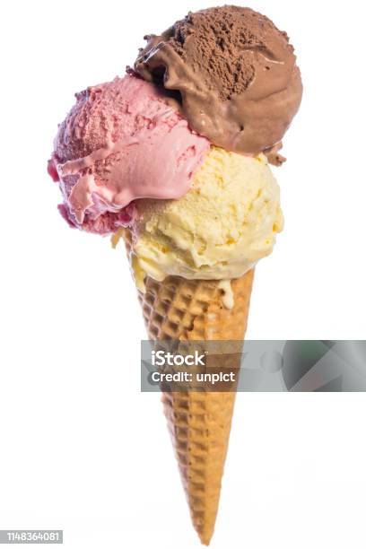 Front View Of Real Edible Ice Cream Cone With 3 Different Scoops Of Ice Cream Isolated On White Background Stock Photo - Download Image Now