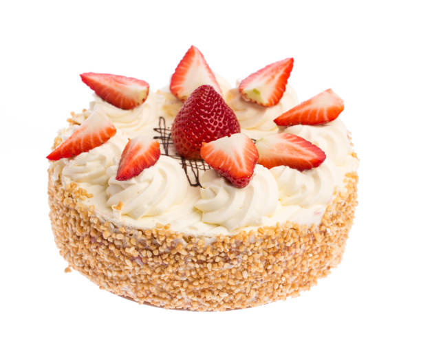 full strawberry creme pie with fruit decoration  isolated on white background