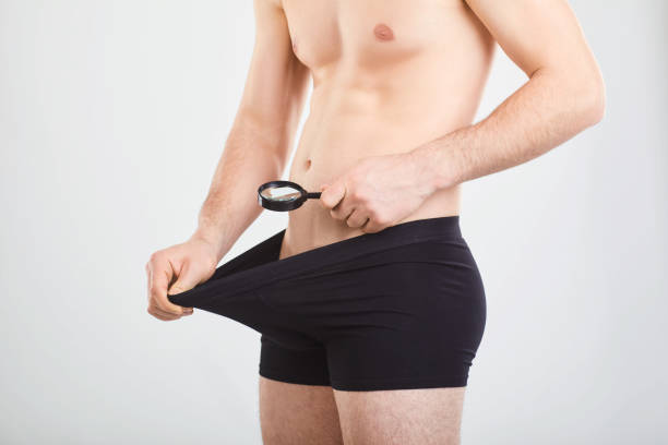 A man is looking at a penis with his magnifying glass. The concept of intimate problems in men. A man is looking at a penis with his magnifying glass in his underpants on a gray background. penis photos stock pictures, royalty-free photos & images