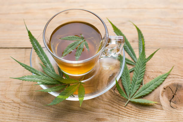 thé de cannabis dans la tasse en verre avec des feuilles sur la surface en bois - 3287 photos et images de collection