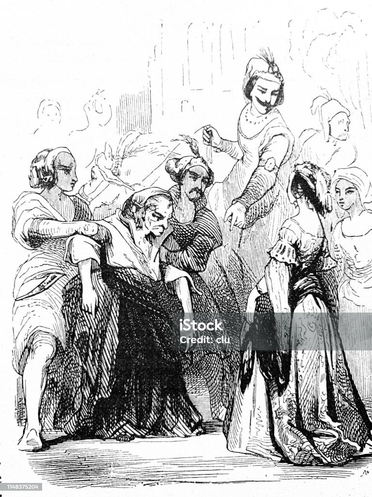 Heated discussion between men and women Illustration from 19th century Grandmother stock illustration