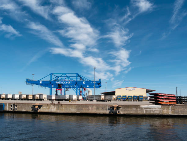 Cargo containers on trailers lined up at Rostock Port on the River Warnow, between Rostock and Warnemünde in Mecklenburg-Vorpommern, northern Germany.