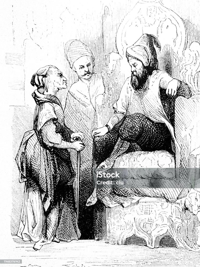 Couple talking to the sultan, indoor Illustration from 19th century Arabia stock illustration