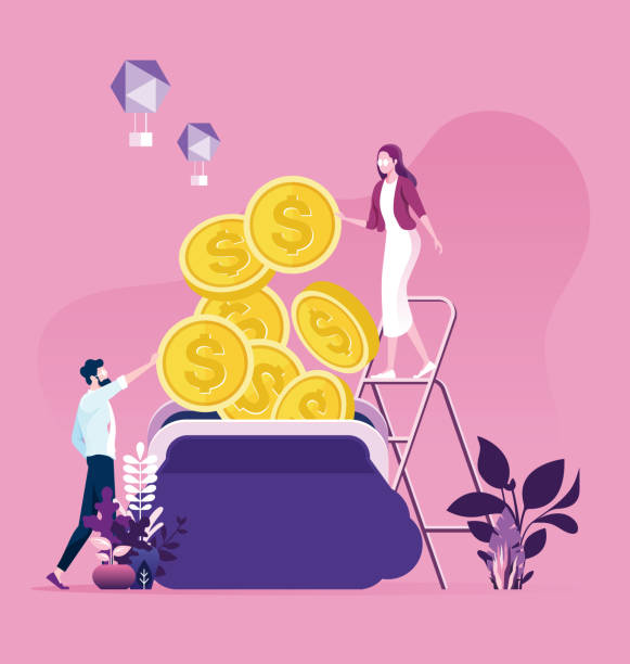 illustrations, cliparts, dessins animés et icônes de homme d’affaires et femme essayant de collecter l’argent à un sac à main. argent d’épargne de travail - currency abundance backgrounds banking