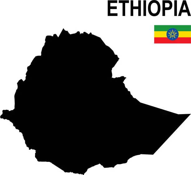 Vector illustration of Black basic map of Ethiopia with flag against white background